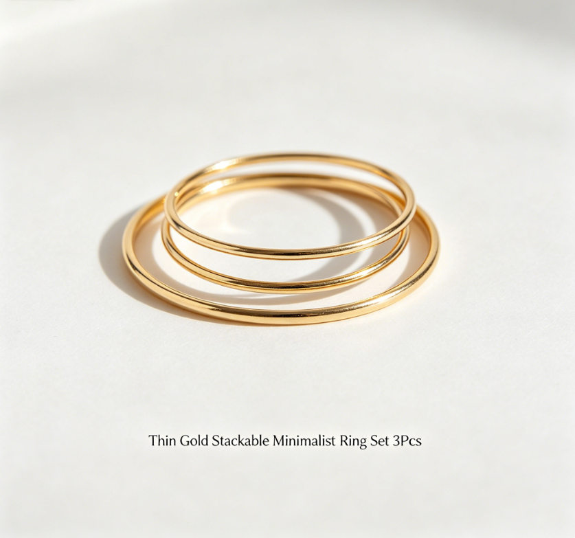 Thin Gold Stackable Minimalist Ring Set 3Pcs
